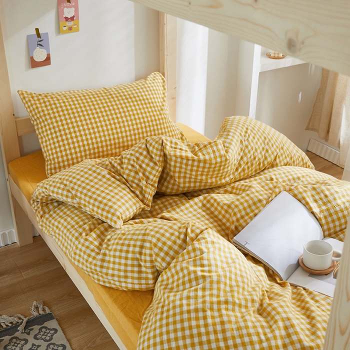 91家纺网 家纺一手货源 找家纺 水洗的故事 2025新款开学季色织水洗棉学生宿舍三件套 柠檬小格