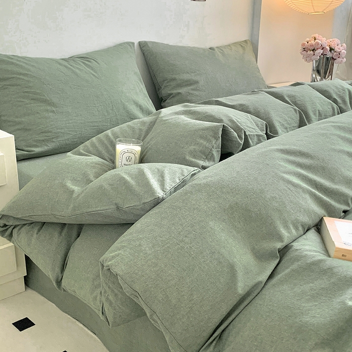 91家纺网 家纺一手货源 找家纺 水洗的故事 2025新款色织水洗棉多巴胺纯色款四件套 绿素色