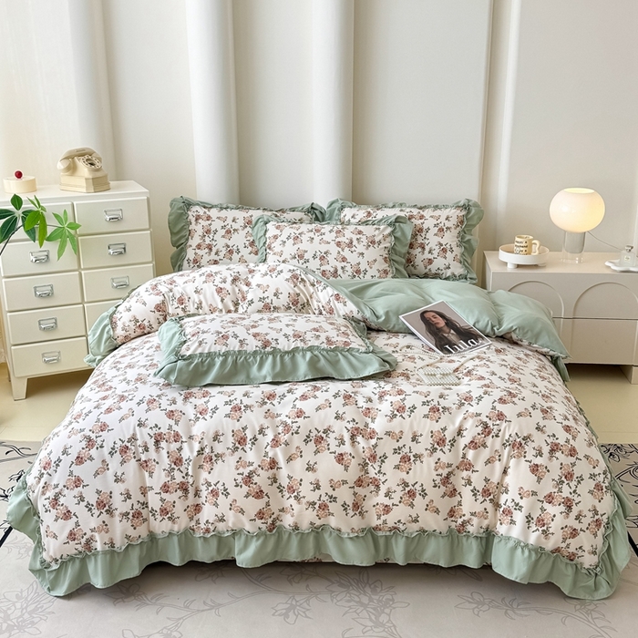 91家纺网 家纺一手货源 找家纺 金米诺 2025新款韩版有氧针织棉双层纱四件套 花田物语