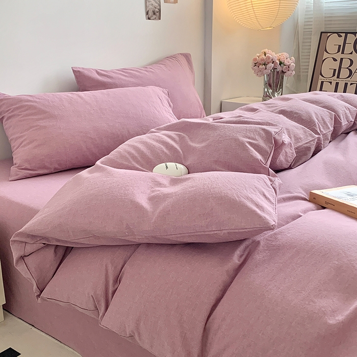 91家纺网 家纺一手货源 找家纺 水洗的故事 2025新款色织水洗棉多巴胺纯色款四件套 丁香紫