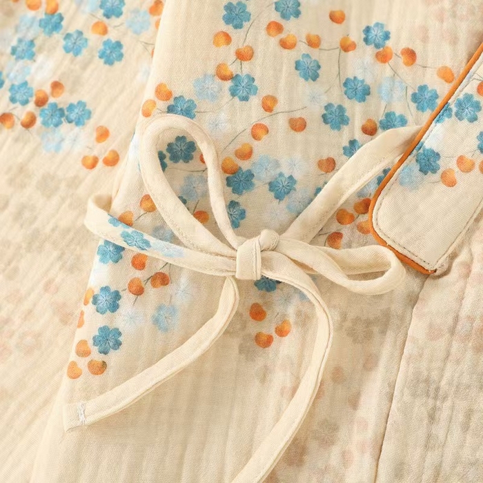 91家纺网 家纺一手货源 找家纺 洛兰沙家居馆【只代发】【只代发】2025新款简约印花睡衣女春夏季宽松休闲家居服长袖开衫套装印花棉纱两件套  花束斜襟