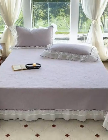 91家纺网 家纺一手货源 找家纺 金喜 2025新款韩版木棉纯色床盖双层蕾丝边夹棉床盖-星梦系列 星梦-芋泥