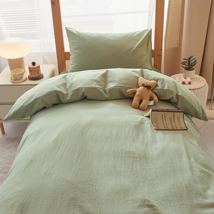 91家纺网 家纺一手货源 找家纺 水洗的故事 2025新款开学季色织水洗棉学生宿舍三件套 西卡绿