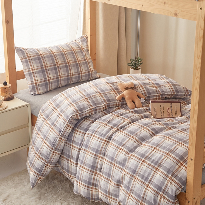 91家纺网 家纺一手货源 找家纺 水洗的故事 2025新款开学季色织水洗棉学生宿舍三件套 森屿灰