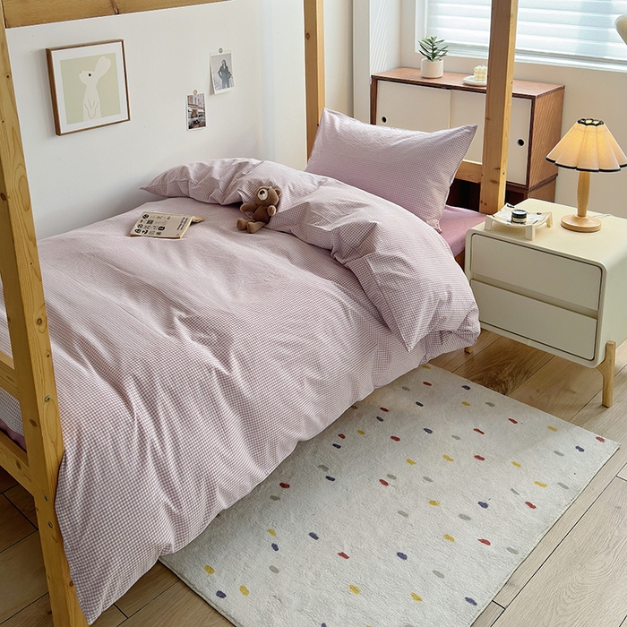 91家纺网 家纺一手货源 找家纺 水洗的故事 2025新款A类色织水洗棉学生三件套 小小格紫-