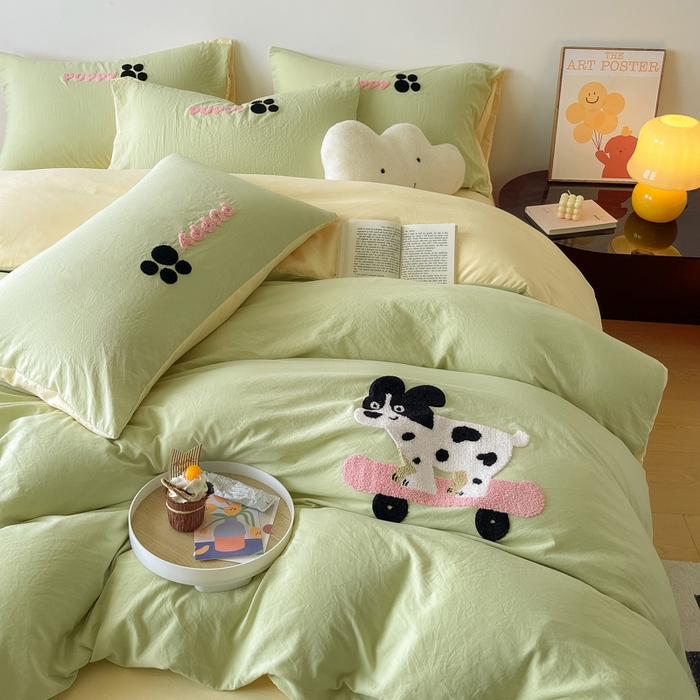 91家纺网 家纺一手货源 找家纺 宜家坊 2025新款卡通水洗棉毛巾绣四件套 浅绿配米黄