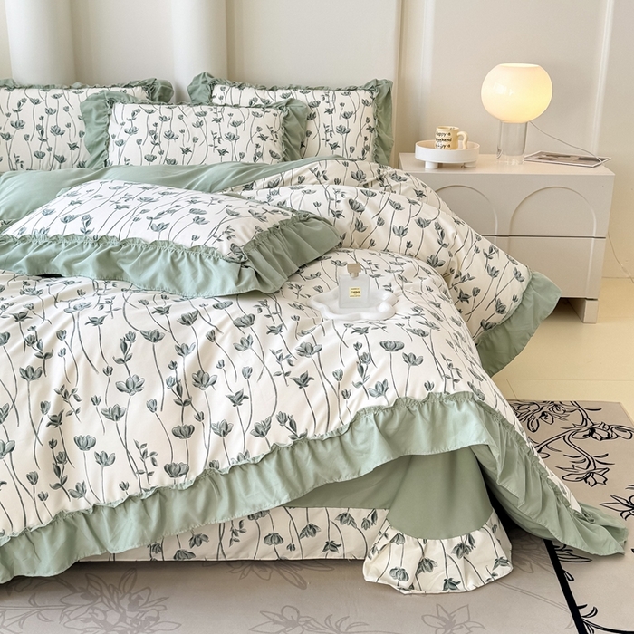 91家纺网 家纺一手货源 找家纺 金米诺 2025新款韩版有氧针织棉双层纱四件套 格瑞