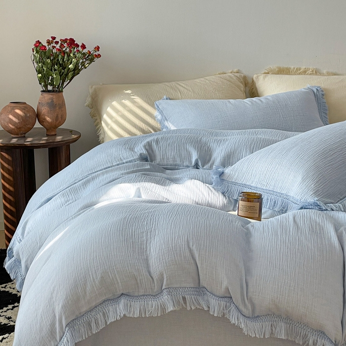 91家纺网 家纺一手货源 找家纺 2025【A类纯棉皱皱纱流苏四件套】日式无印全棉双层纱皱皱纱良品流苏款四件套床品被套纯色A类件套