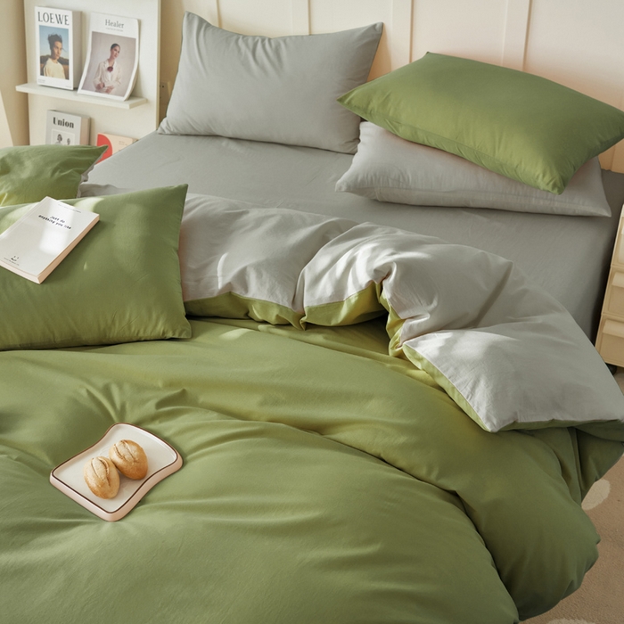 91家纺网 家纺一手货源 找家纺 寐绸家纺 2025新款纯棉水洗棉双拼单被套（自然光） 扶苏绿+毛毯灰