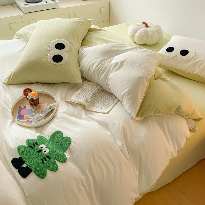 91家纺网 家纺一手货源 找家纺 宜家坊 2025新款卡通水洗棉毛巾绣四件套 幸运树-米白配浅绿