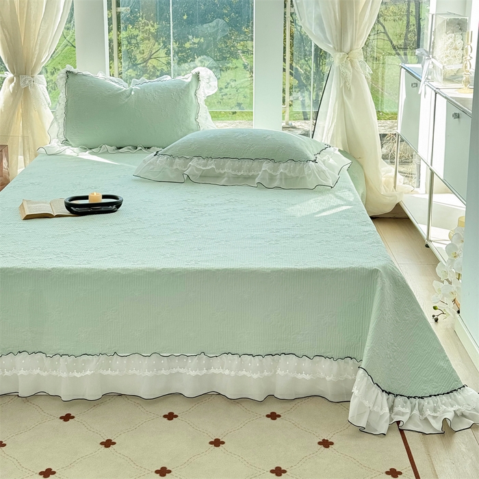 91家纺网 家纺一手货源 找家纺 金喜 2025新款韩版木棉纯色床盖双层蕾丝边夹棉床盖-星梦系列 星梦-水绿