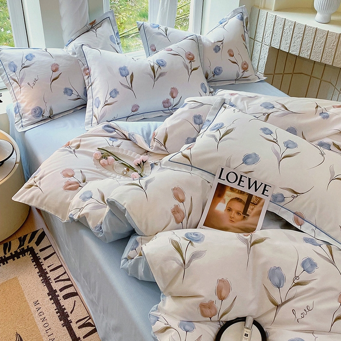 91家纺网 家纺一手货源 找家纺 梧桐树 2025新款100%全棉13372加厚印花四件套 A25浅浅花漾