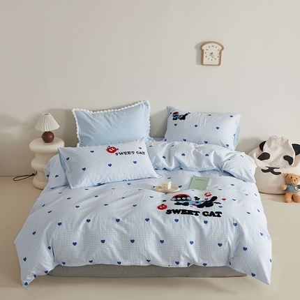 怡家居 2025新款全棉双层纱可爱卡通毛巾绣四件套 耳机猫