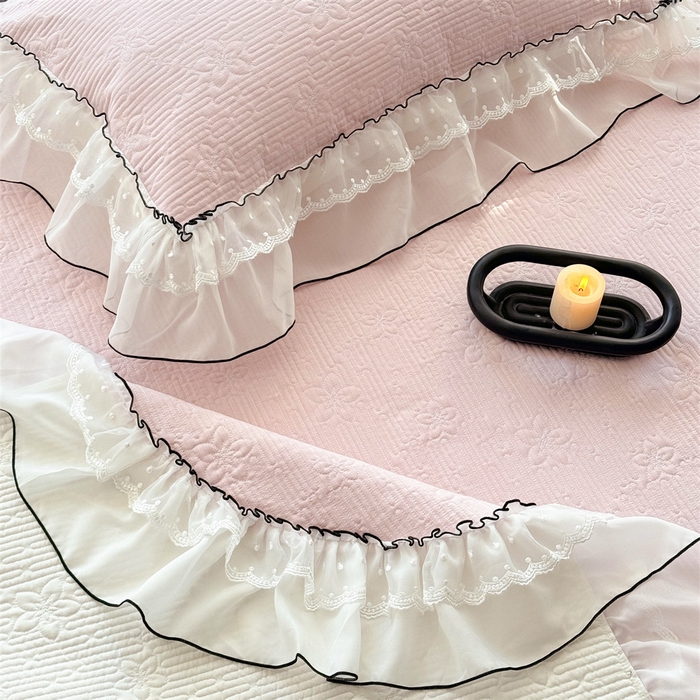 91家纺网 家纺一手货源 找家纺 金喜 2025新款韩版木棉纯色床盖双层蕾丝边夹棉床盖-星梦系列 星梦-桃夭