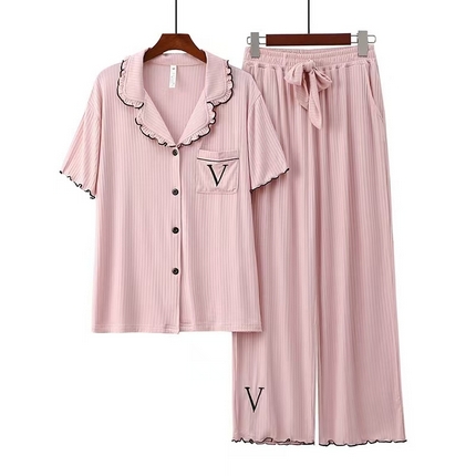 洛兰沙家居馆【只代发】【只代发】 2025新款外贸欧美风8*5宽坑条莫代尔睡衣女春夏秋开衫翻领短袖长裤家居服 粉色