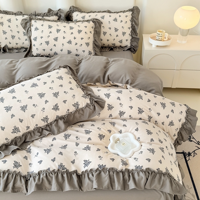 91家纺网 家纺一手货源 找家纺 金米诺 2025新款韩版有氧针织棉双层纱四件套 摩卡