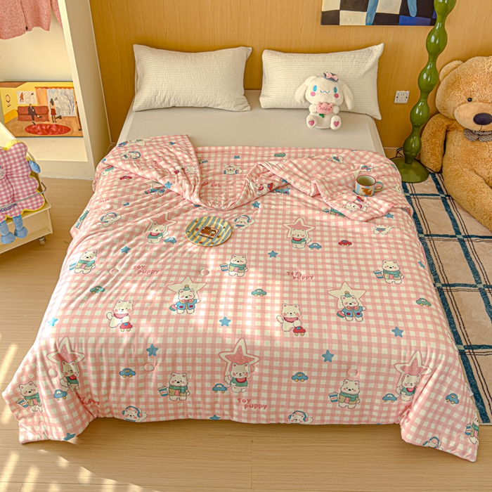 91家纺网 家纺一手货源 找家纺 品乐家纺 2025新款A类针织棉大豆被夏被夏凉被空调被学生被子 粉格小狗