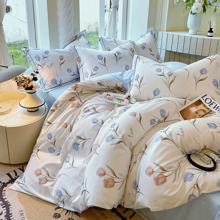 91家纺网 家纺一手货源 找家纺 梧桐树 2025新款100%全棉13372加厚印花四件套 A25浅浅花漾