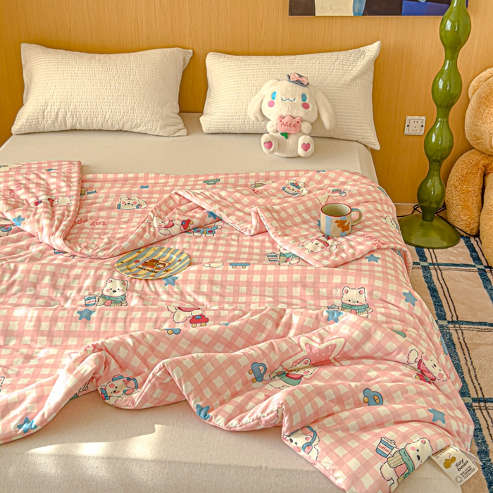 91家纺网 家纺一手货源 找家纺 品乐家纺 2025新款A类针织棉大豆被夏被夏凉被空调被学生被子 粉格小狗