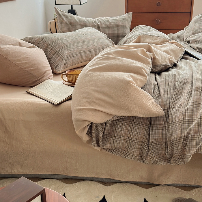 91家纺网 家纺一手货源 找家纺 水洗的故事2025新款A类AB版全棉色织水洗棉四件套 仙米格-棕