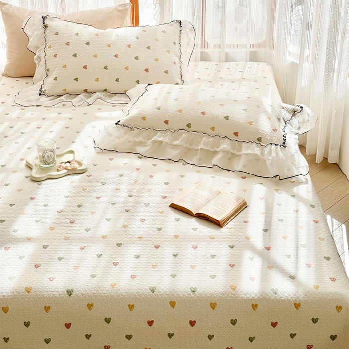 91家纺网 家纺一手货源 找家纺 （总）金喜 2025新款韩版木棉印花小清新床盖双层蕾丝边夹棉床盖-小清新系列