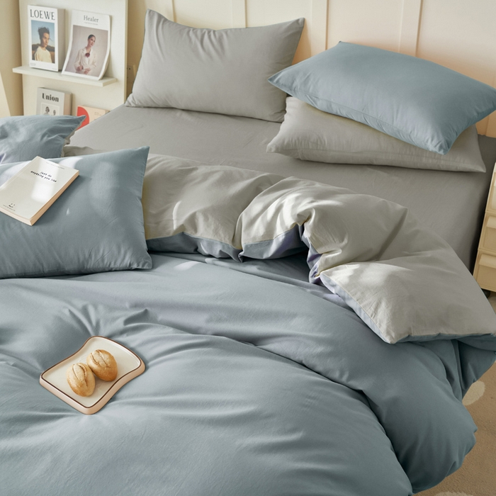 91家纺网 家纺一手货源 找家纺 寐绸家纺 2025新款纯棉水洗棉双拼单被套（自然光） 礁石灰+毛毯灰