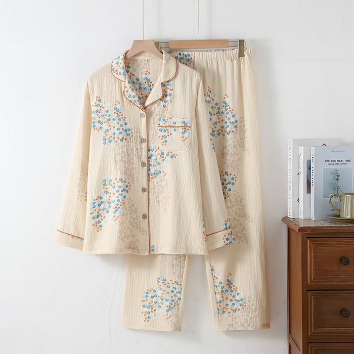 91家纺网 家纺一手货源 找家纺 （总）洛兰沙家居馆【只代发】【只代发】2025新款简约印花睡衣女春夏季宽松休闲家居服长袖开衫套装印花棉纱两件套 