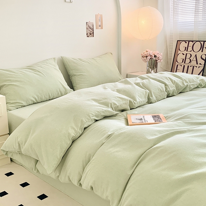 91家纺网 家纺一手货源 找家纺 水洗的故事 2025新款色织水洗棉多巴胺纯色款四件套 果绿