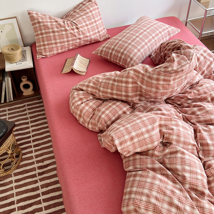 91家纺网 家纺一手货源 找家纺 水洗的故事 2025新款无印良品水洗棉四件套 樱红格