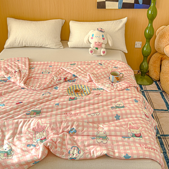 91家纺网 家纺一手货源 找家纺 品乐家纺 2025新款A类针织棉大豆被夏被夏凉被空调被学生被子 粉格小狗