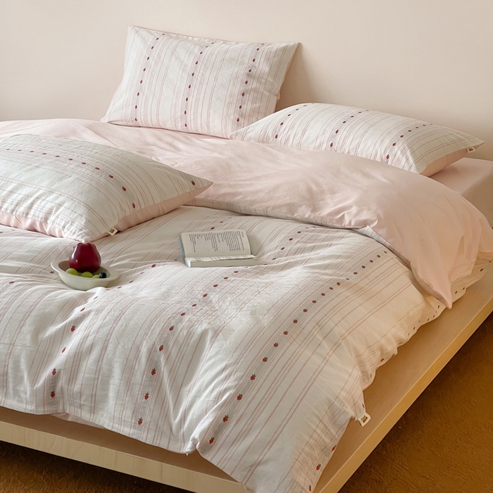 91家纺网 家纺一手货源 找家纺 2025【A类全棉刺绣提花四件套】日式无印刺绣A类提花四件套良品条纹床品套件全棉小清新双拼件套