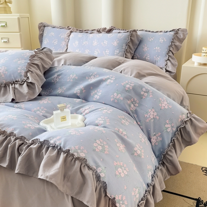 91家纺网 家纺一手货源 找家纺 金米诺 2025新款韩版有氧针织棉双层纱四件套 花俏