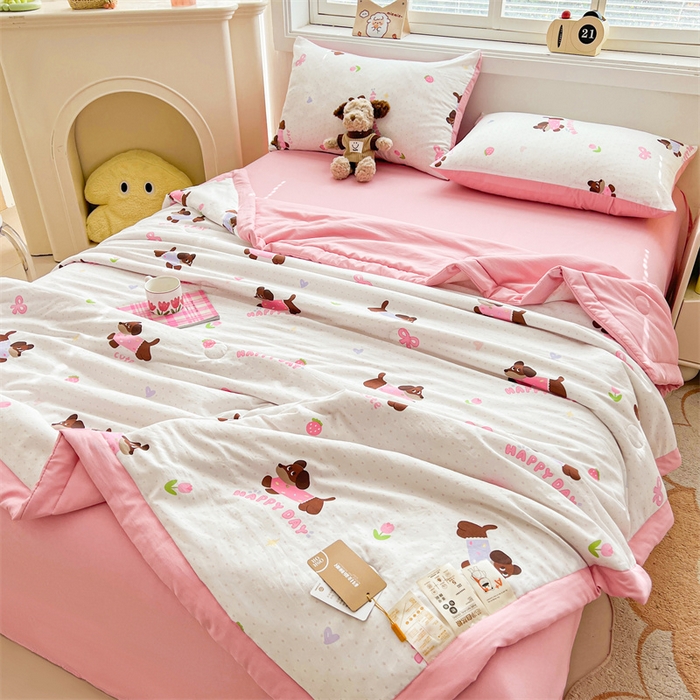 91家纺网 家纺一手货源 找家纺 秋泽家纺 2025春夏新款水洗棉双层纱大豆纤维夏被夏凉被空调被 快乐汪汪