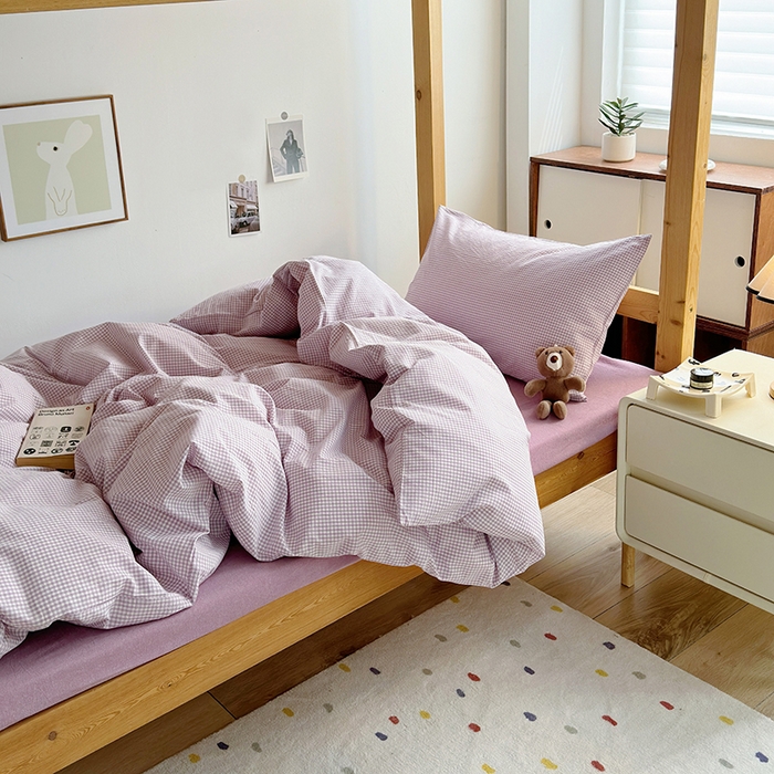 91家纺网 家纺一手货源 找家纺 水洗的故事 2025新款A类色织水洗棉学生三件套 小小格紫-