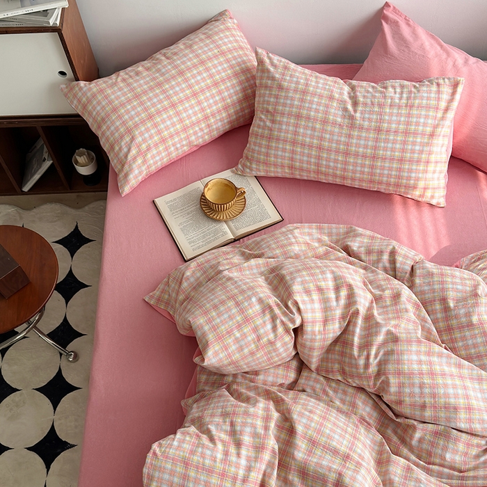 91家纺网 家纺一手货源 找家纺 水洗的故事2025新款A类AB版全棉色织水洗棉四件套 桃夭