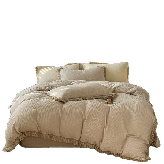 91家纺网 家纺一手货源 找家纺 2025【A类纯棉皱皱纱流苏四件套】日式无印全棉双层纱皱皱纱良品流苏款四件套床品被套纯色A类件套