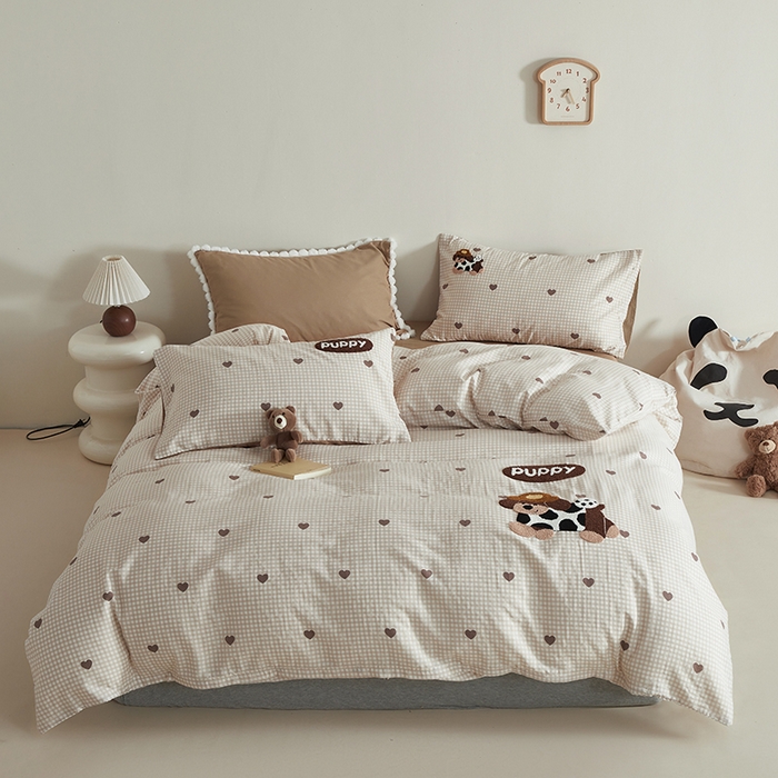 91家纺网 家纺一手货源 找家纺 怡家居 2025新款全棉双层纱可爱卡通毛巾绣四件套 欢乐狗