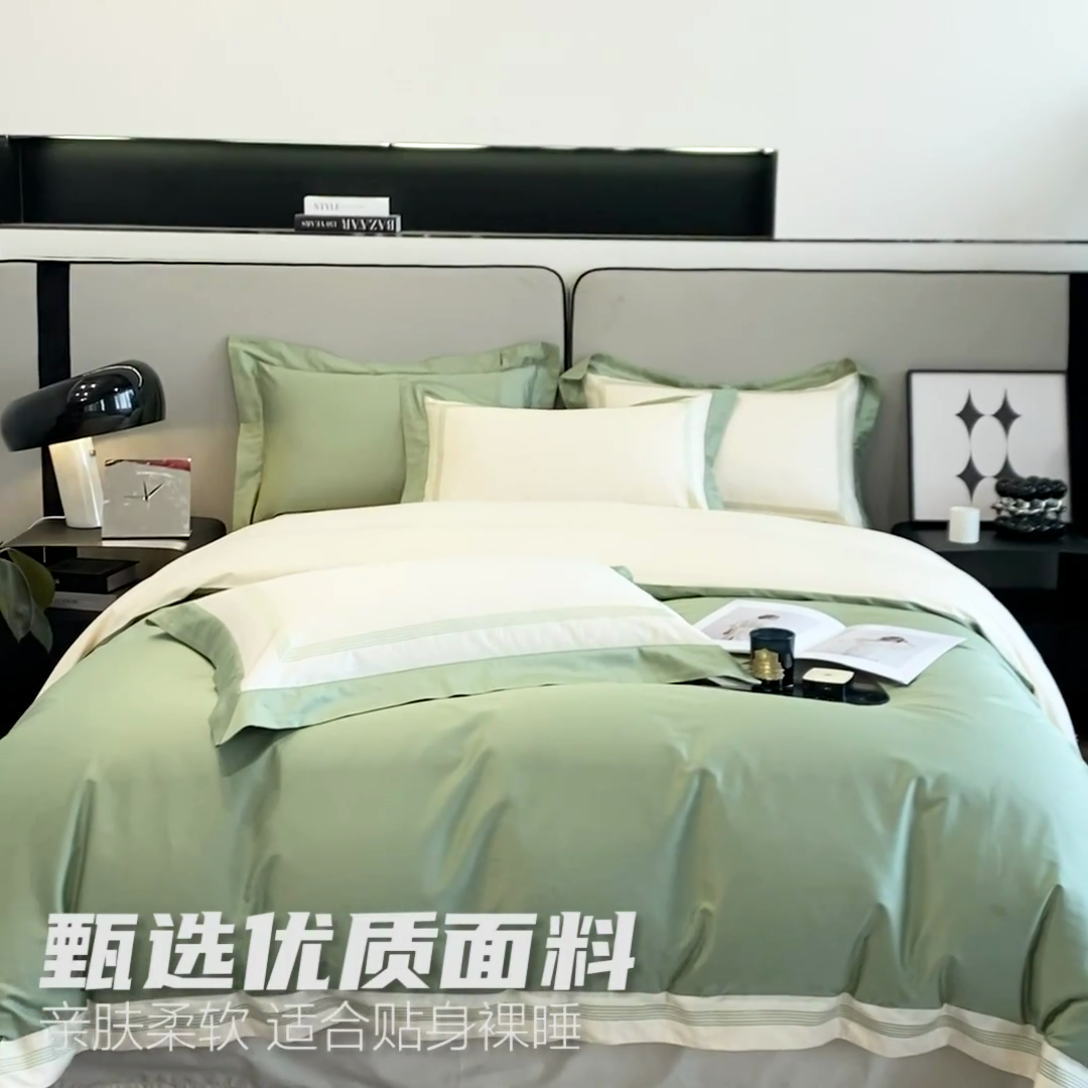 91家纺网 家纺一手货源 找家纺 桃园 2025新款纯棉全棉长绒棉刺绣绣花高端礼盒四件套-莱卡 莱卡牛油果绿