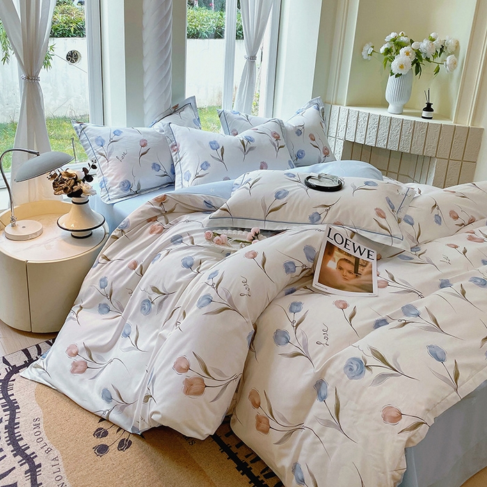 91家纺网 家纺一手货源 找家纺 梧桐树 2025新款100%全棉13372加厚印花四件套 A25浅浅花漾