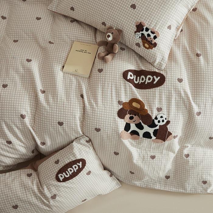 91家纺网 家纺一手货源 找家纺 怡家居 2025新款全棉双层纱可爱卡通毛巾绣四件套 欢乐狗