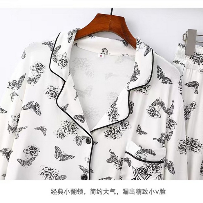 91家纺网 家纺一手货源 找家纺 洛兰沙家居馆【只代发】【只代发】2025新款跨境春秋款莫代尔蝴蝶印花睡衣女长袖长裤开衫翻领大码家居服套装  蝴蝶白色