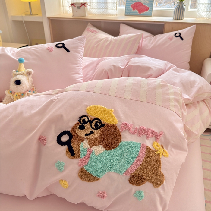 91家纺网 家纺一手货源 找家纺 娜娜 2025新款全棉立体毛巾绣四件套 快乐小狗