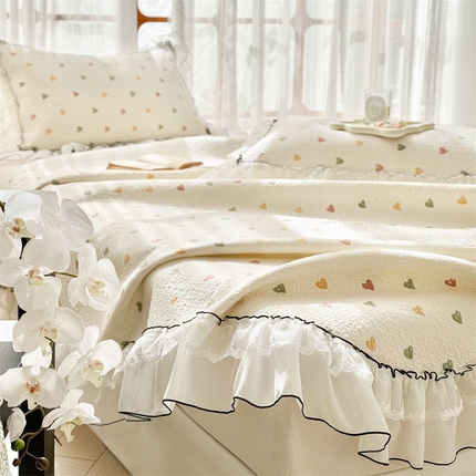 （总）金喜 2025新款韩版木棉印花小清新床盖双层蕾丝边夹棉床盖-小清新系列