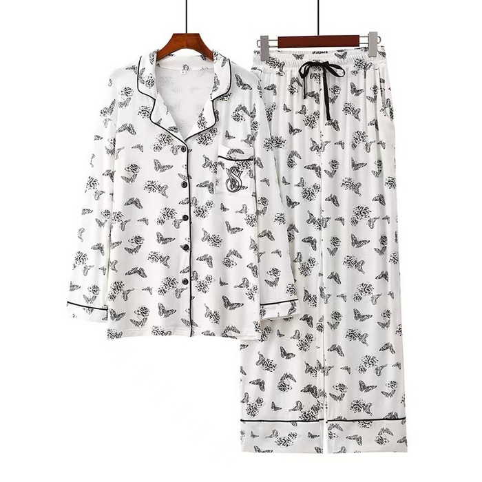 91家纺网 家纺一手货源 找家纺 （总）洛兰沙家居馆【只代发】【只代发】2025新款跨境春秋款莫代尔蝴蝶印花睡衣女长袖长裤开衫翻领大码家居服套装 