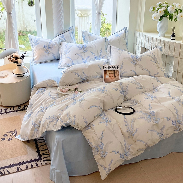 91家纺网 家纺一手货源 找家纺 梧桐树 2025新款100%全棉13372加厚印花四件套 A24铃兰蓝