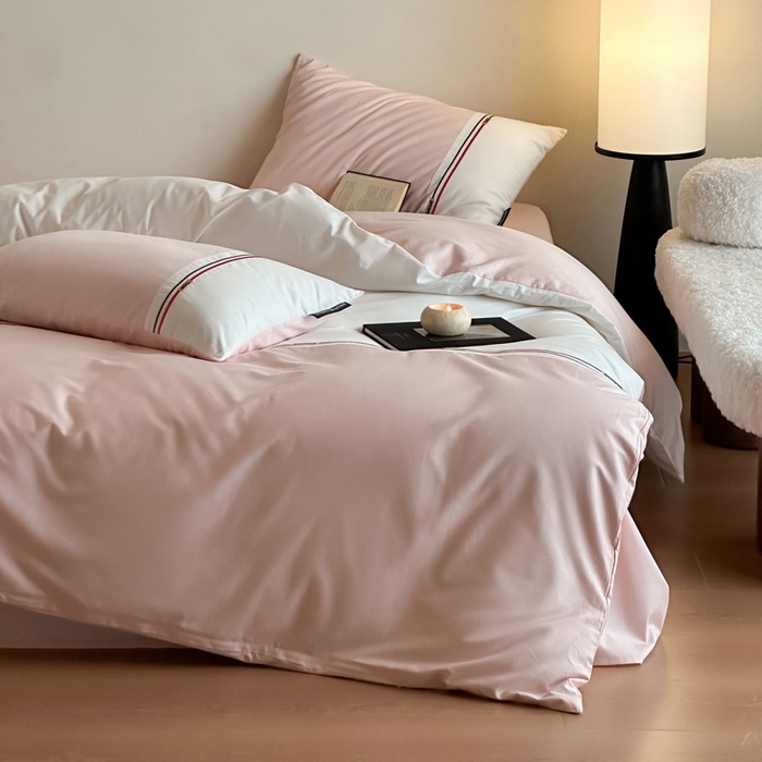 91家纺网 家纺一手货源 找家纺 2025【A类全棉绣花四件套】布朗款日式无印A类拼接四件套良品全棉床品件套纯色纯棉高端绣花四件套