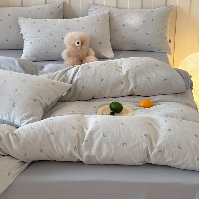 91家纺网 家纺一手货源 找家纺 2025【A类全棉皱皱纱四件套】全棉双层纱四件套A类皱皱纱提花床品件套母婴星月亮