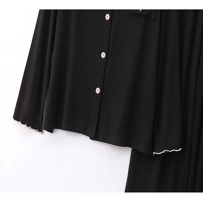 91家纺网 家纺一手货源 找家纺 洛兰沙家居馆【只代发】【只代发】 2025新款外贸欧美风8*5宽坑条莫代尔睡衣女春夏秋开衫翻领短袖长裤家居服 黑色