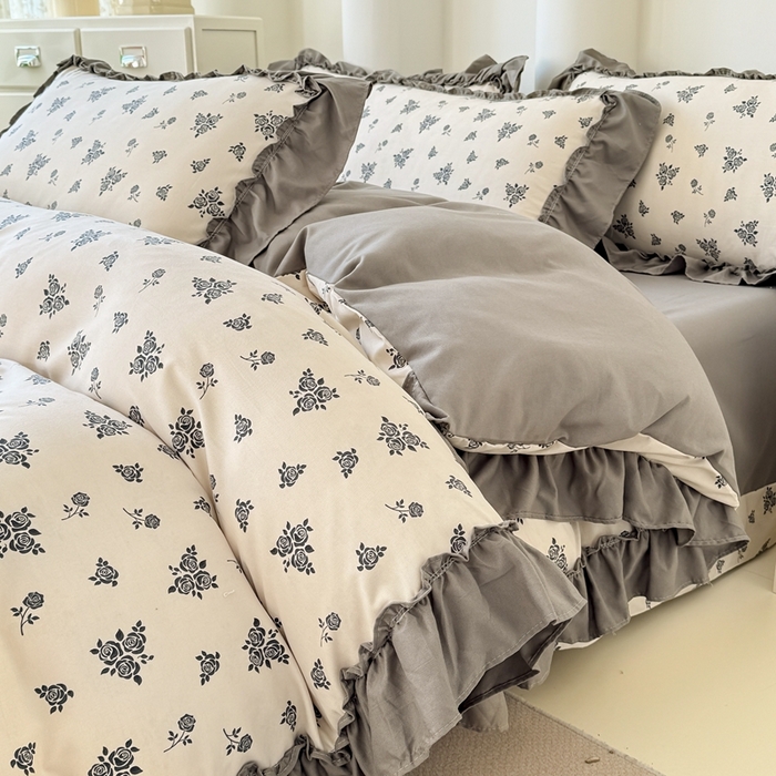 91家纺网 家纺一手货源 找家纺 金米诺 2025新款韩版有氧针织棉双层纱四件套 摩卡