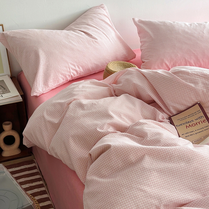 91家纺网 家纺一手货源 找家纺 水洗的故事 2025新款无印良品水洗棉四件套 小小格粉